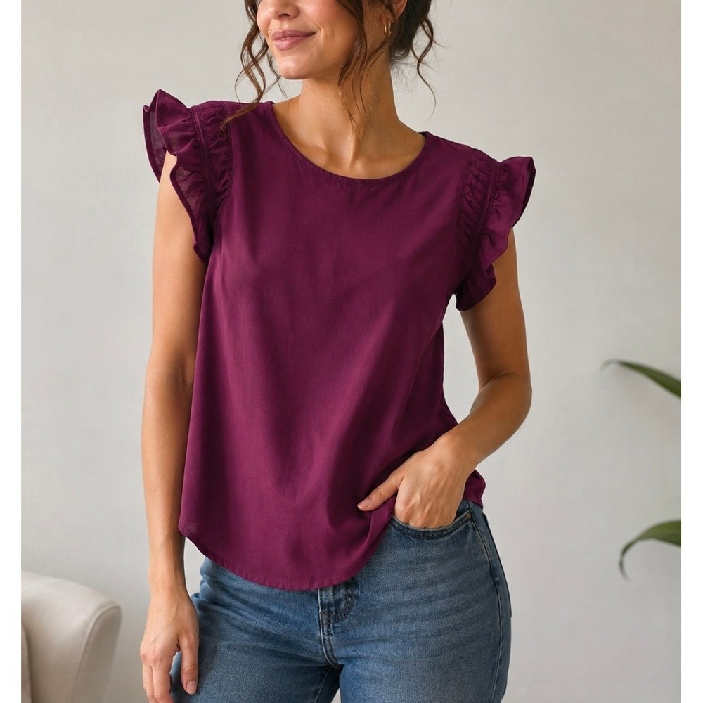 Womens Plum Purple Ruffle Flutter Sleeve Blouse Size-L